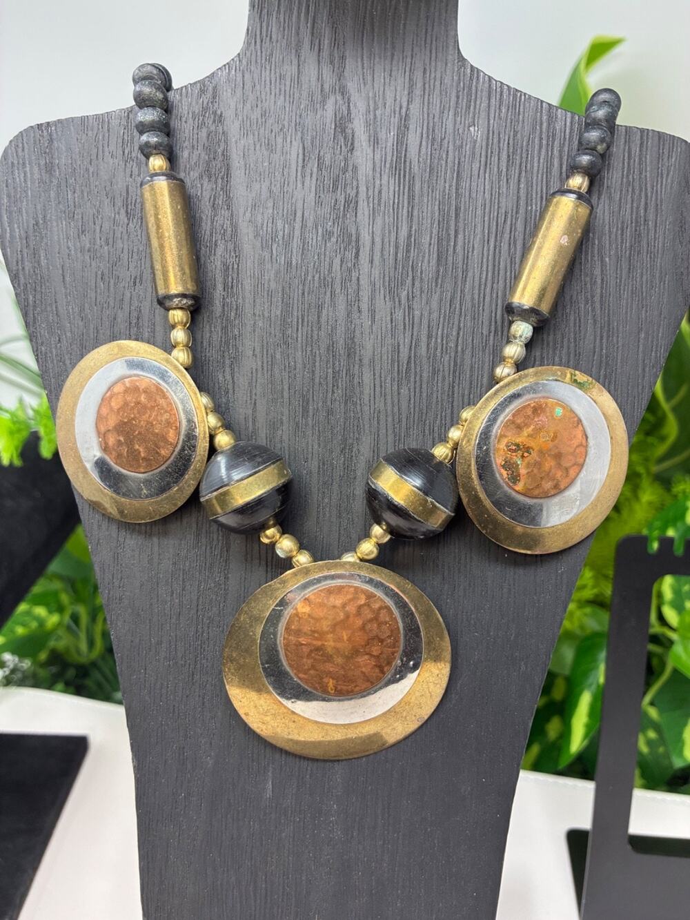 Vintage Brutalist Statement Necklace Brass Copper Modernist